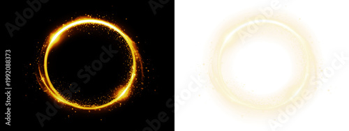 A vibrant glowing golden ring featuring sparkling light particles and dynamic circular motion waves captured on transparent background