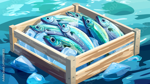 A stylized illustration features a wooden crate filled with fish on ice, with water surrounding the crate