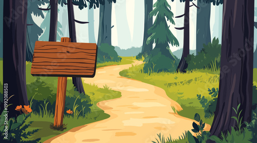A winding dirt path through a cartoon forest scene, a wooden signpost stands to the left