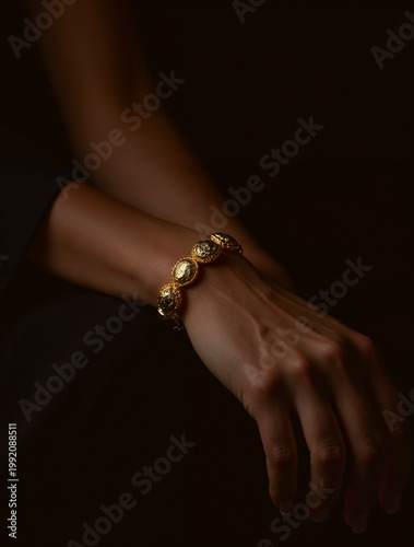 Luxury gold bracelet on woman wrist elegant fashion close up