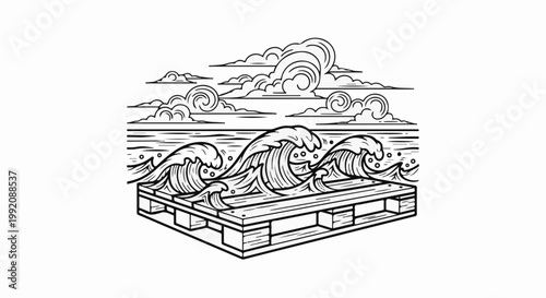 Stylized black and white drawing of stylized waves crashing on a wooden pallet