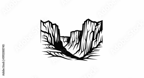 Stylized black and white graphic of a steep, rocky canyon
