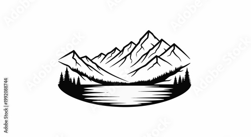 Stylized black and white graphic of rugged mountains reflecting in a tranquil lake