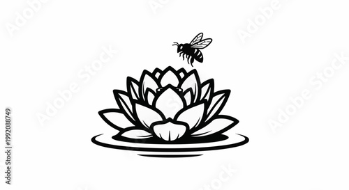 Stylized black and white illustration of a bee approaching a lotus flower