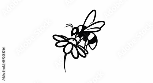 Stylized black and white illustration of a bee collecting nectar from a flower