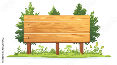 A wooden sign in a grassy area, backed by evergreen trees, conveying a natural and rustic aesthetic