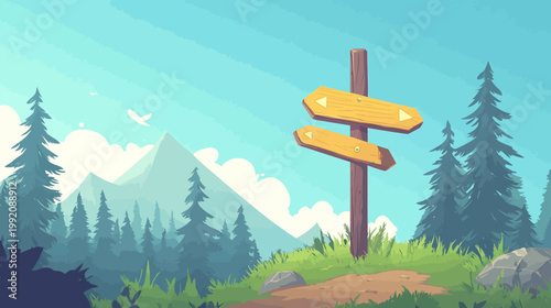 Pixelated artwork depicts a scenic mountain landscape with a wooden signpost