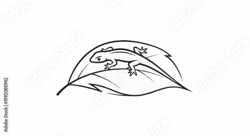 Stylized black and white illustration of a lizard on a leaf