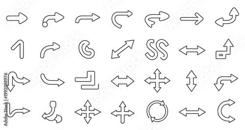 Collection of diverse line art arrow icons for navigation, direction, and design elements
