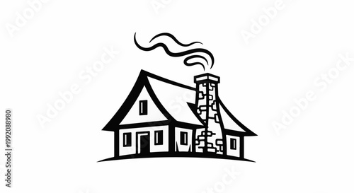 Stylized black and white illustration of a rustic house with smoke from chimney