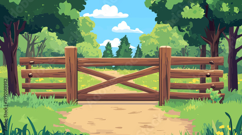 A picturesque scene of a wooden gate on a dirt path leading into a lush forest