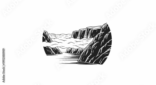 Stylized black and white illustration of a river canyon with layered cliffs and a calm water surface