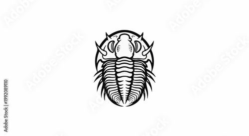 Stylized black and white illustration of a trilobite fossil