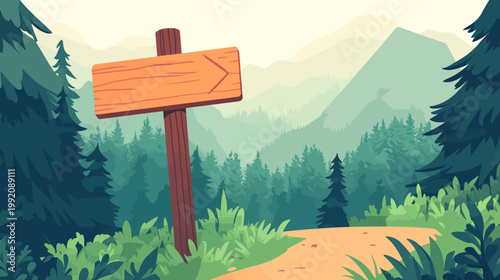 A stylized illustration features a wooden signpost pointing toward a forest path, mountains in the distance