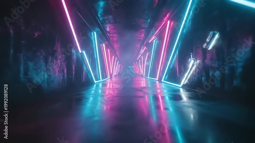 Neon light geometric tunnel corridor abstract background render
