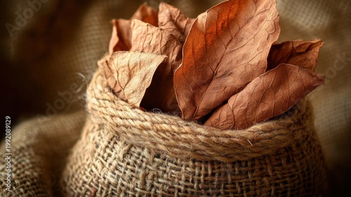 Close up of dried tobacco leaves in a burlap bag