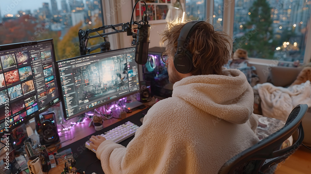 Fototapeta premium Young person gaming at a cozy multi-monitor setup beside a city window, creating a modern digital lifestyle scene with immersive entertainment, comfort, and urban ambiance.