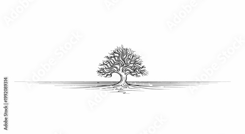 Stylized black and white ink drawing of a mature tree with extensive roots