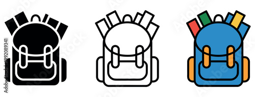 A colorful illustration of three backpacks with school supplies in a row