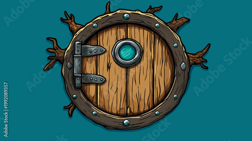 A cartoon wooden round door with a small window, attached to a wooden frame. Brown with a teal background