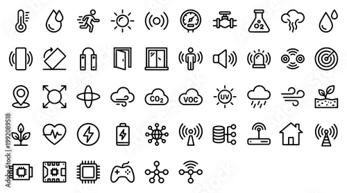 Set of minimalist linear icons representing technology and environment concepts