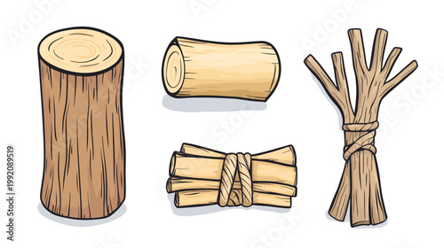 A collection of stylized illustrations showing various forms of wood, logs, and bundles with rope