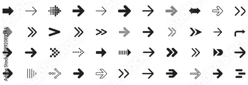 Set of black arrow icons, including solid, outlined, and patterned styles for UI design.