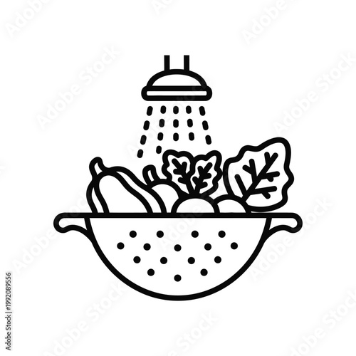 Line art illustration of fresh vegetables being washed under a shower of water in a colander for food preparation and hygiene concepts isolated on white background