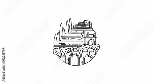 Stylized black and white line art of a tiered garden with trees and arches