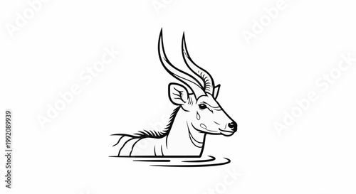 Stylized black and white line drawing of an antelope's head and neck in water