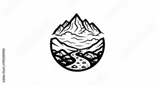 Stylized black and white mountain landscape with a river flowing through rocks