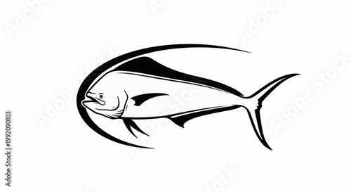 Stylized black and white outline of a fish with a curved fin, set against a white background