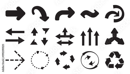 Diverse arrow icons and symbols illustrating direction, movement, and recycling.