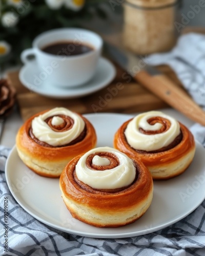 Close up view of fluffy cinnamon rolls with sweet frosting