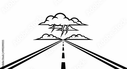 Stormy clouds with lightning over a vanishing perspective highway