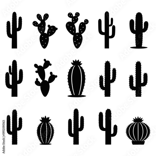Various cacti and succulents are displayed in a collection of black silhouettes on a white background with prickly pear, saguaro, aloe, echeveria, and crassula.
