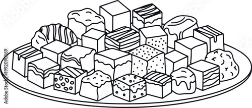 Plate of assorted candies and pastries in outline drawing style.