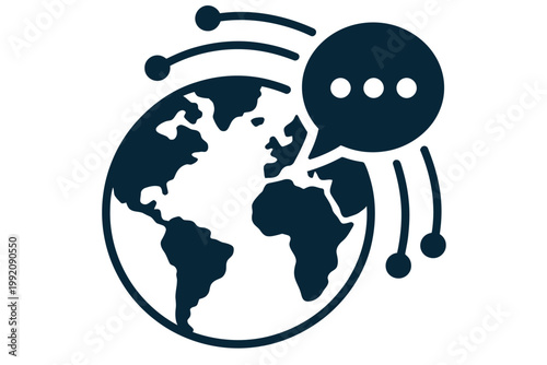 A stylized illustration of the Earth with a speech bubble conveying global communication