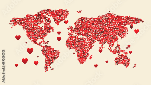 World map created from red hearts on beige background, with floating hearts around