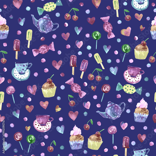 Spring watercolor seamless pattern with flowers sweets hearts dots birds. Naive style colorful drawings for spring easter seasonal texture