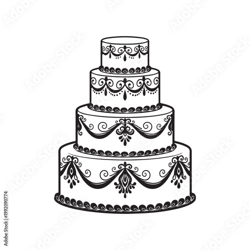 Decorative tiered wedding cake with ornate vintage patterns, black and white vector illustration