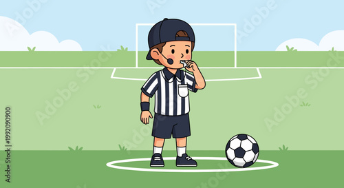 Young referee prepares to start a soccer game in a green field with a goal post in the background during sunny weather