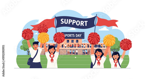 Cheerleaders support sports day event at school with banners and pom-poms in a sunny outdoor setting