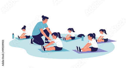 Children practice stretching in a fitness class with a coach guiding them in an indoor gym