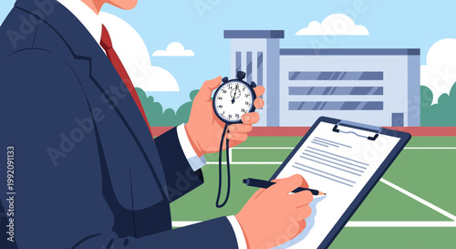 Man with stopwatch checks clipboard at sports field during afternoon practice session for track and field team