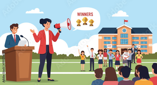 Crowd celebrates winners at school event while speaker announces results on sunny day