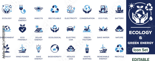 Ecology and Green Energy editable solid icon set. Insects, recyclable, eco-fuel, battery, electricity, environment, nature, renewable energy, forest, solar wind power and more vector icons collection.