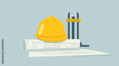 A construction scene. A yellow hard hat rests atop a rolled blueprint. A measuring tool is visible