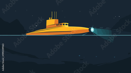 A pixelated yellow submarine illuminates the depths of the ocean at night, under a star-filled sky