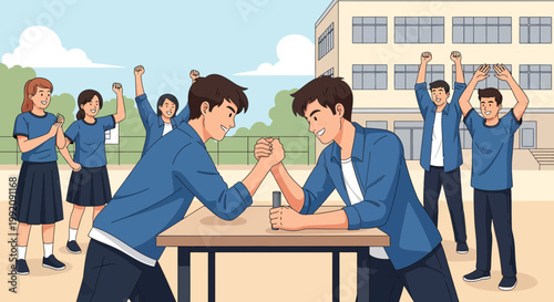 Students participate in an arm wrestling contest during lunch break at school with cheers from classmates